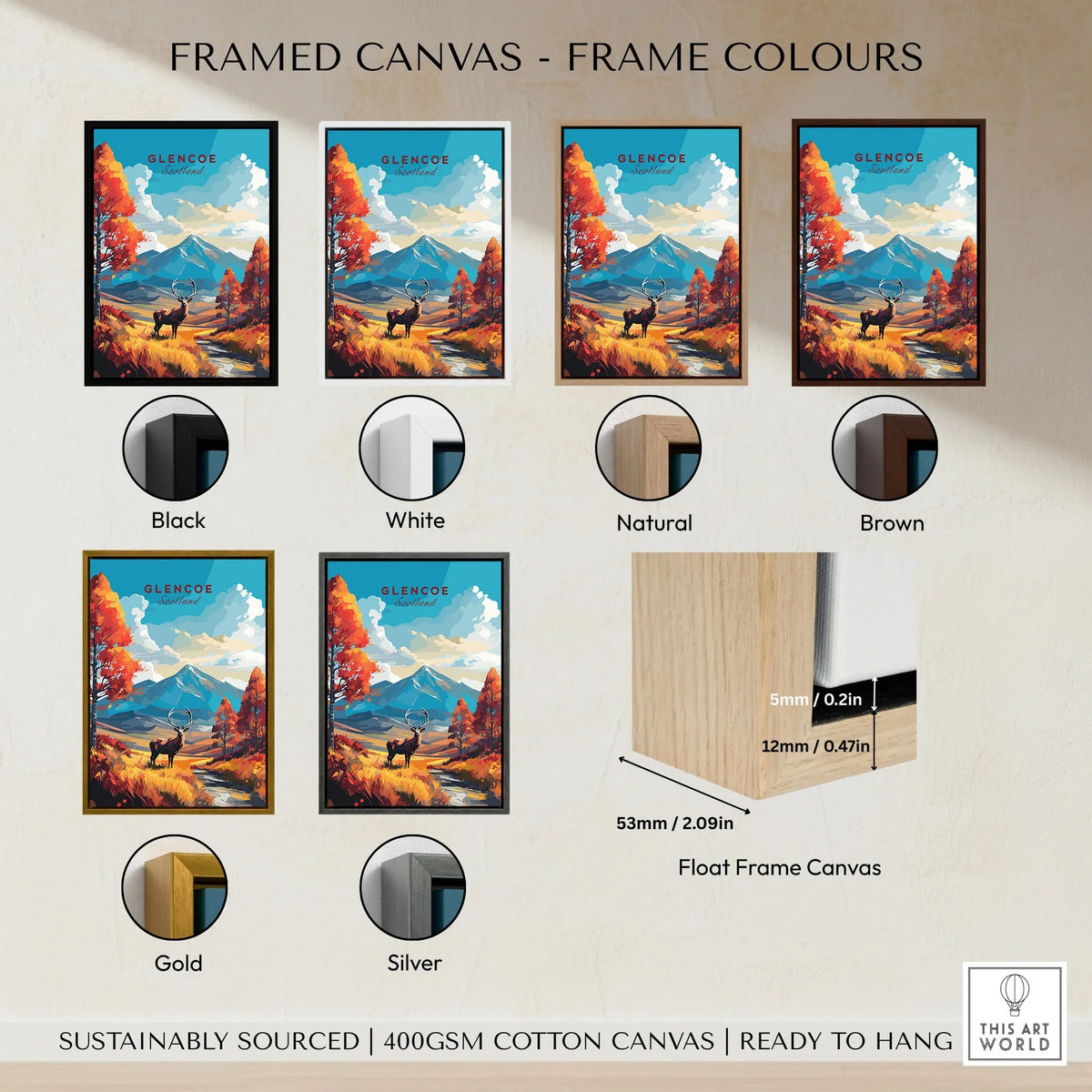 Glencoe Art Print framed canvas float frame colour options: black, white, natural, brown, gold and silver
