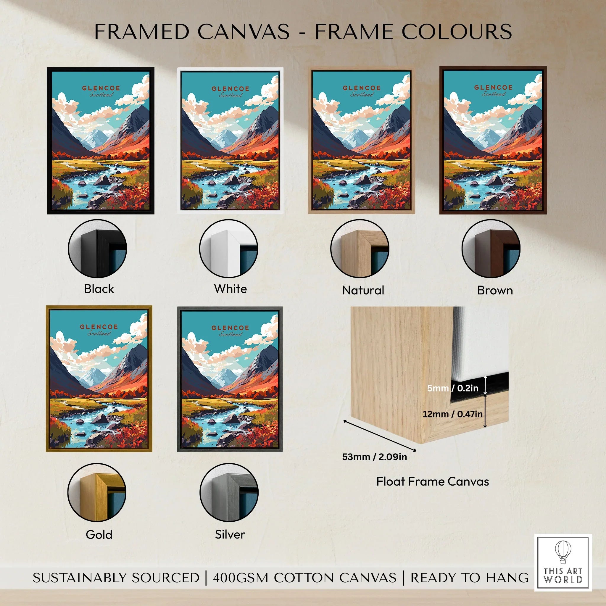 Glencoe Poster Print framed canvas float frame colour options: black, white, natural, brown, gold and silver