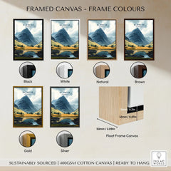 Glencoe Travel Print framed canvas float frame colour options: black, white, natural, brown, gold and silver