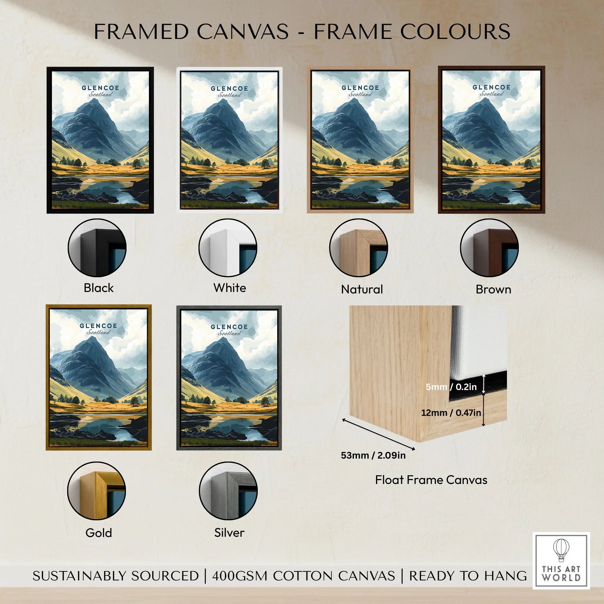 Glencoe Travel Print framed canvas float frame colour options: black, white, natural, brown, gold and silver