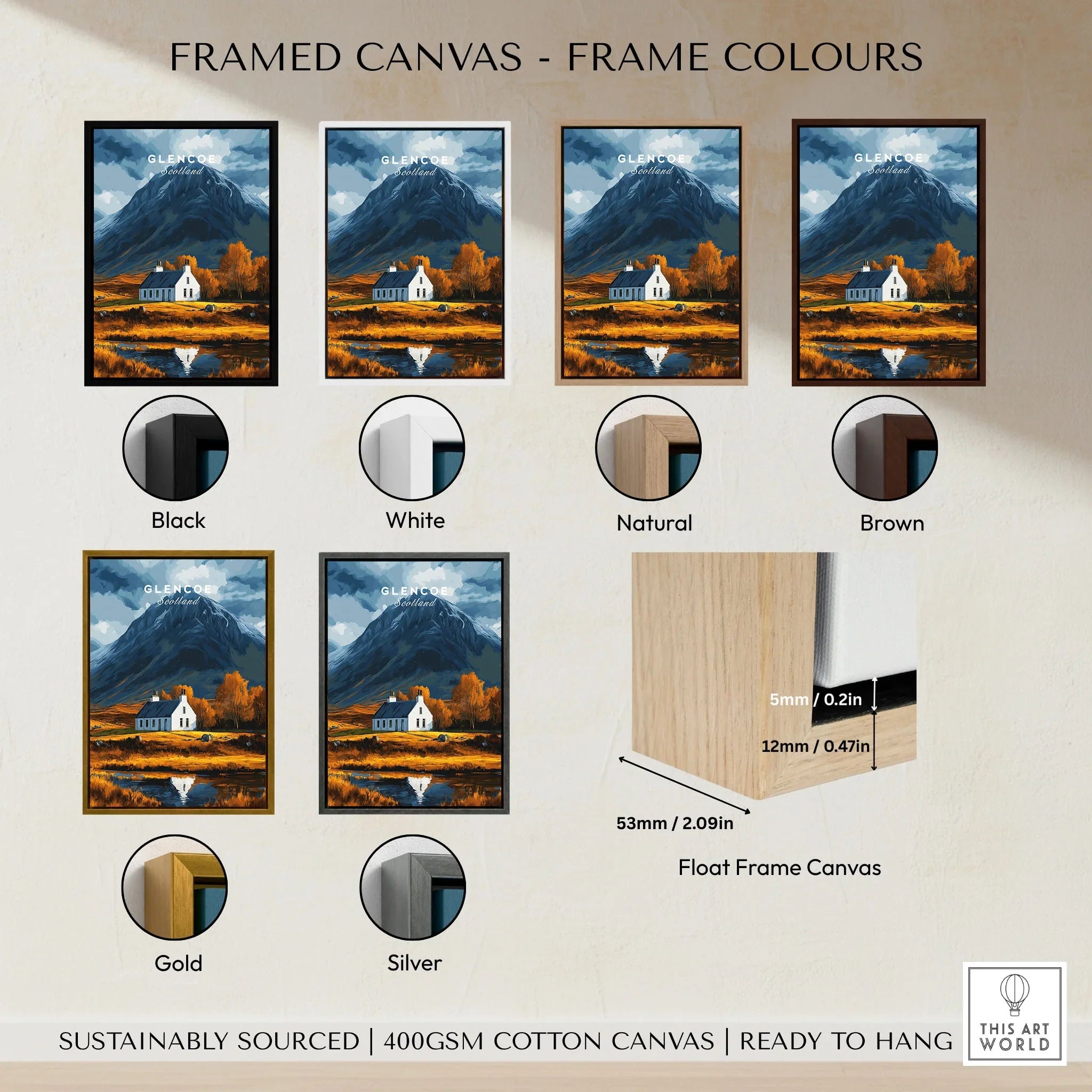 Glencoe Scotland Poster framed canvas float frame colour options: black, white, natural, brown, gold and silver