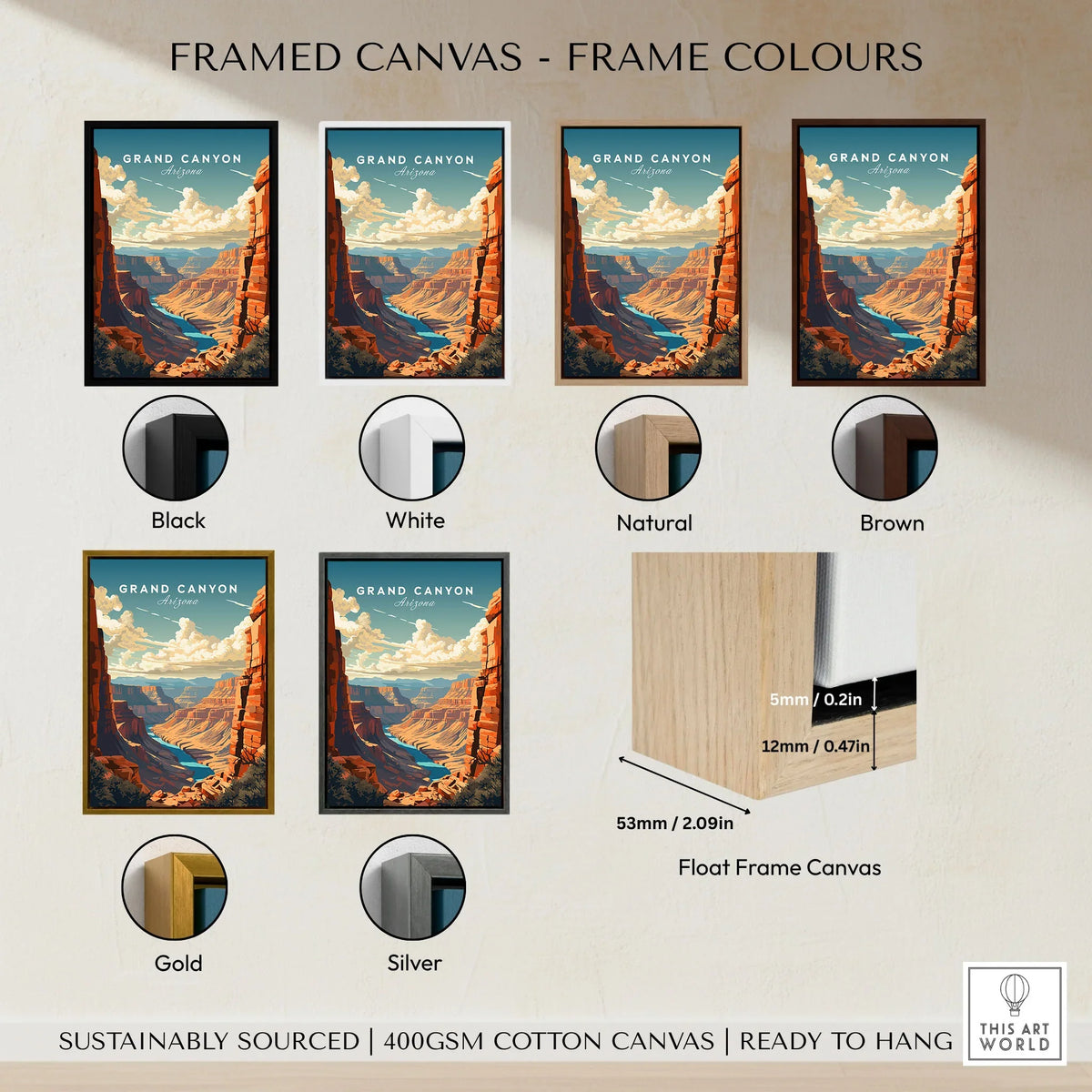 Grand Canyon Poster framed canvas float frame colour options: black, white, natural, brown, gold and silver