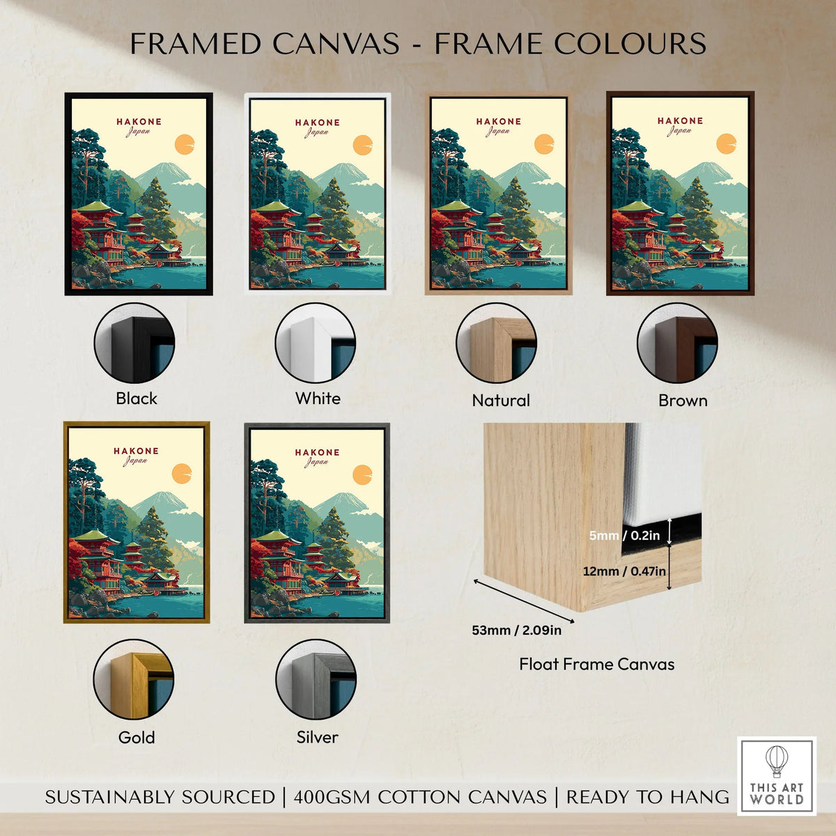 Hakone Japan Lake Ashi Temple Print - Japanese Pagoda Wall Art framed canvas float frame colour options: black, white, natural, brown, gold and silver