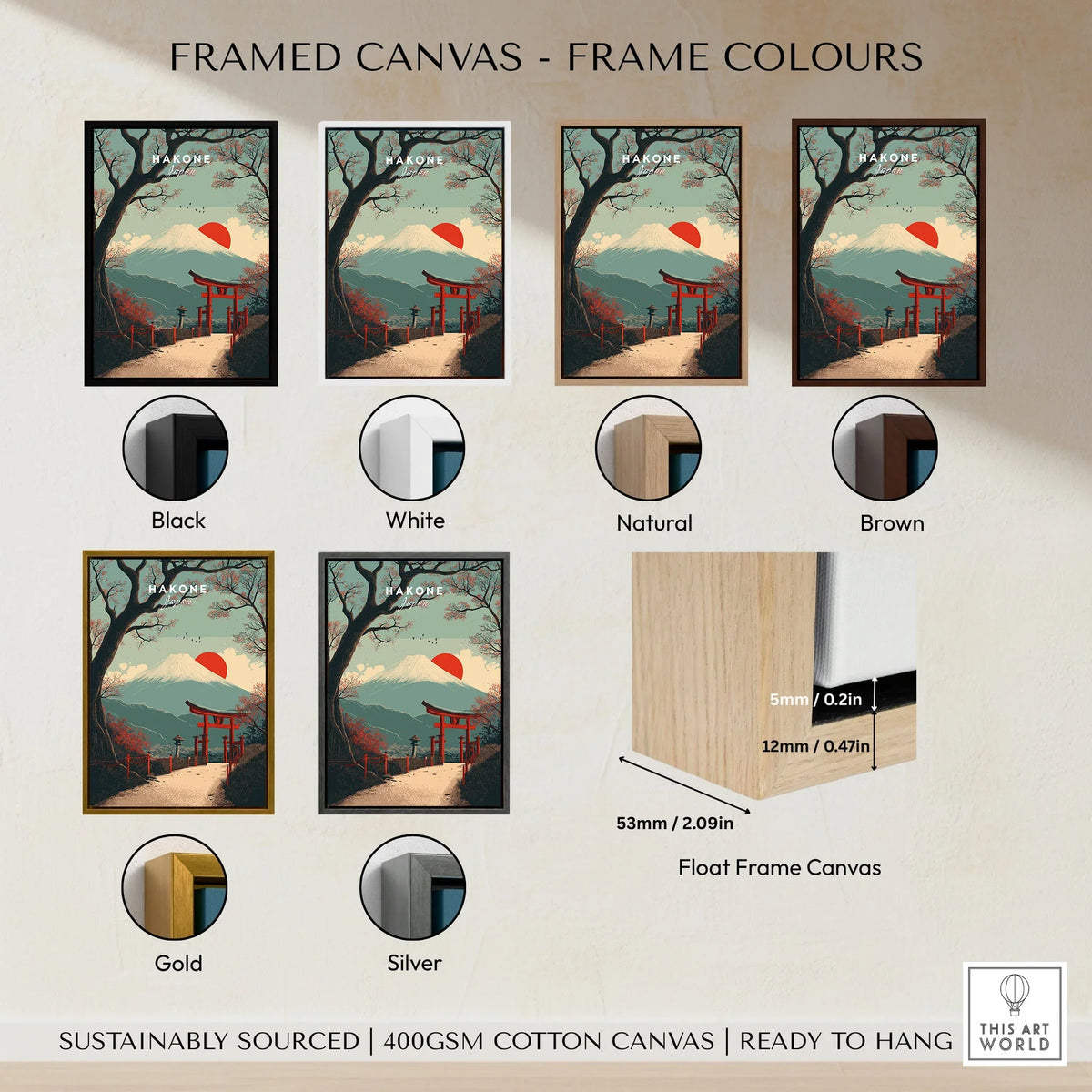 Hakone Japan Torii Gate Mount Fuji Print - Iconic Japanese Poster framed canvas float frame colour options: black, white, natural, brown, gold and silver