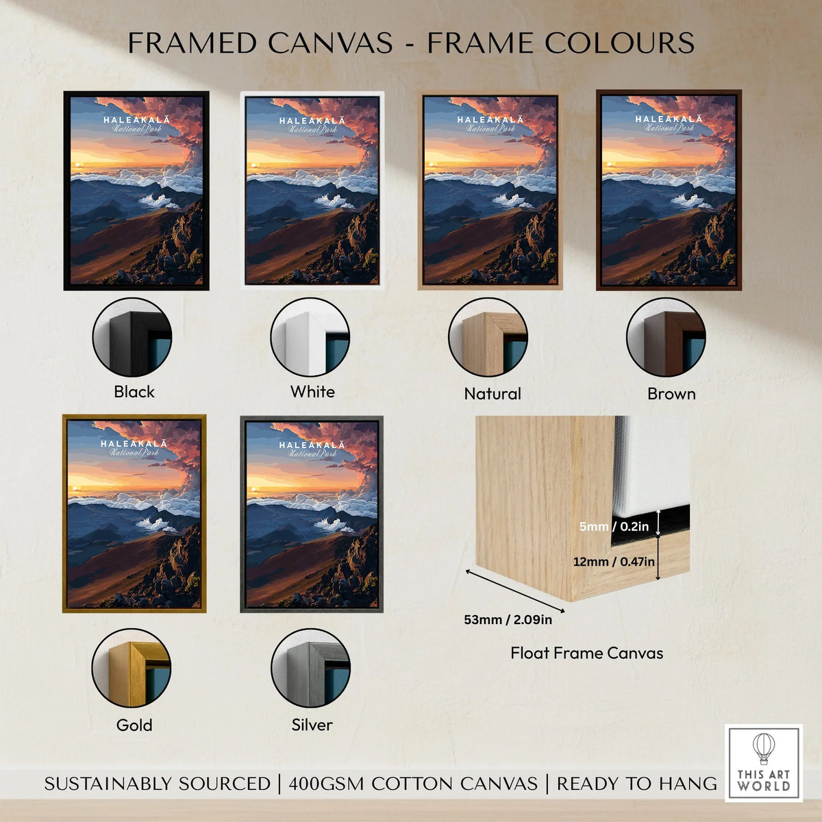 Haleakalā Sunset Poster, Maui Hawaii Wall Art, National Park Travel Print framed canvas float frame colour options: black, white, natural, brown, gold and silver