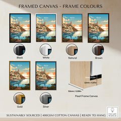 Ibiza Poster Print framed canvas float frame colour options: black, white, natural, brown, gold and silver