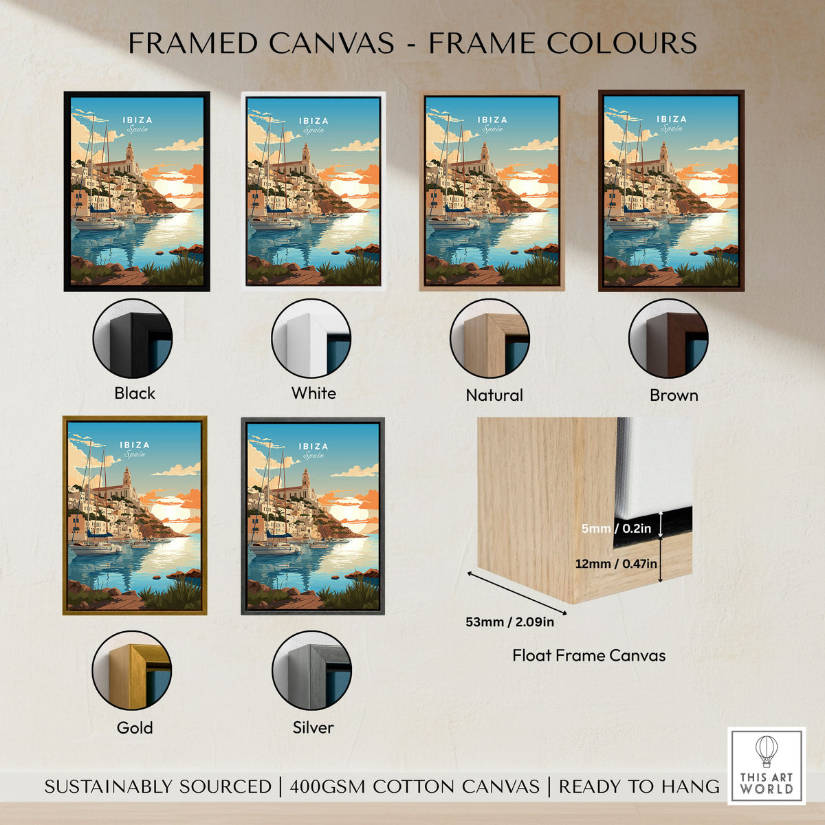 Ibiza Poster Print framed canvas float frame colour options: black, white, natural, brown, gold and silver
