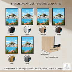 Ibiza Print framed canvas float frame colour options: black, white, natural, brown, gold and silver
