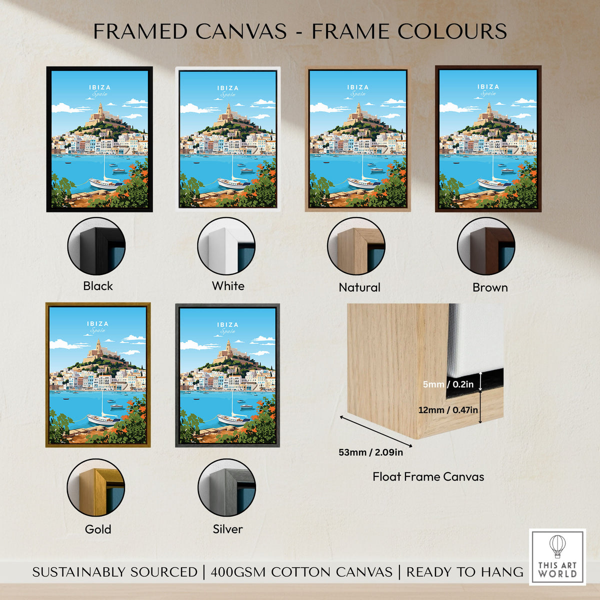 Ibiza Print framed canvas float frame colour options: black, white, natural, brown, gold and silver
