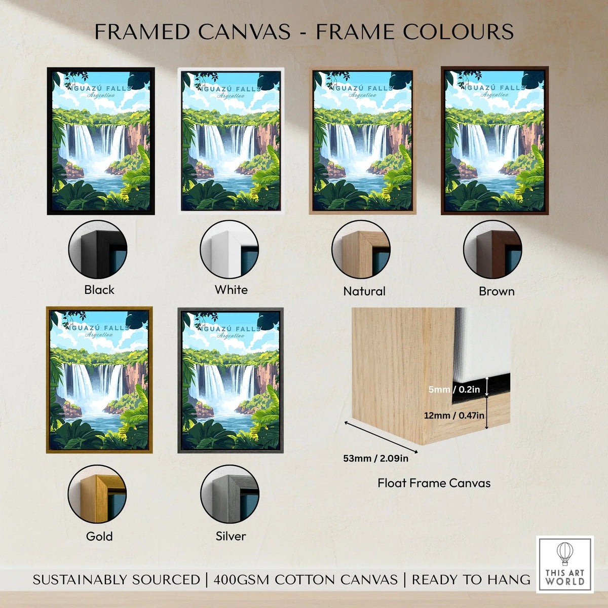 Iguazu Falls Travel Print framed canvas float frame colour options: black, white, natural, brown, gold and silver