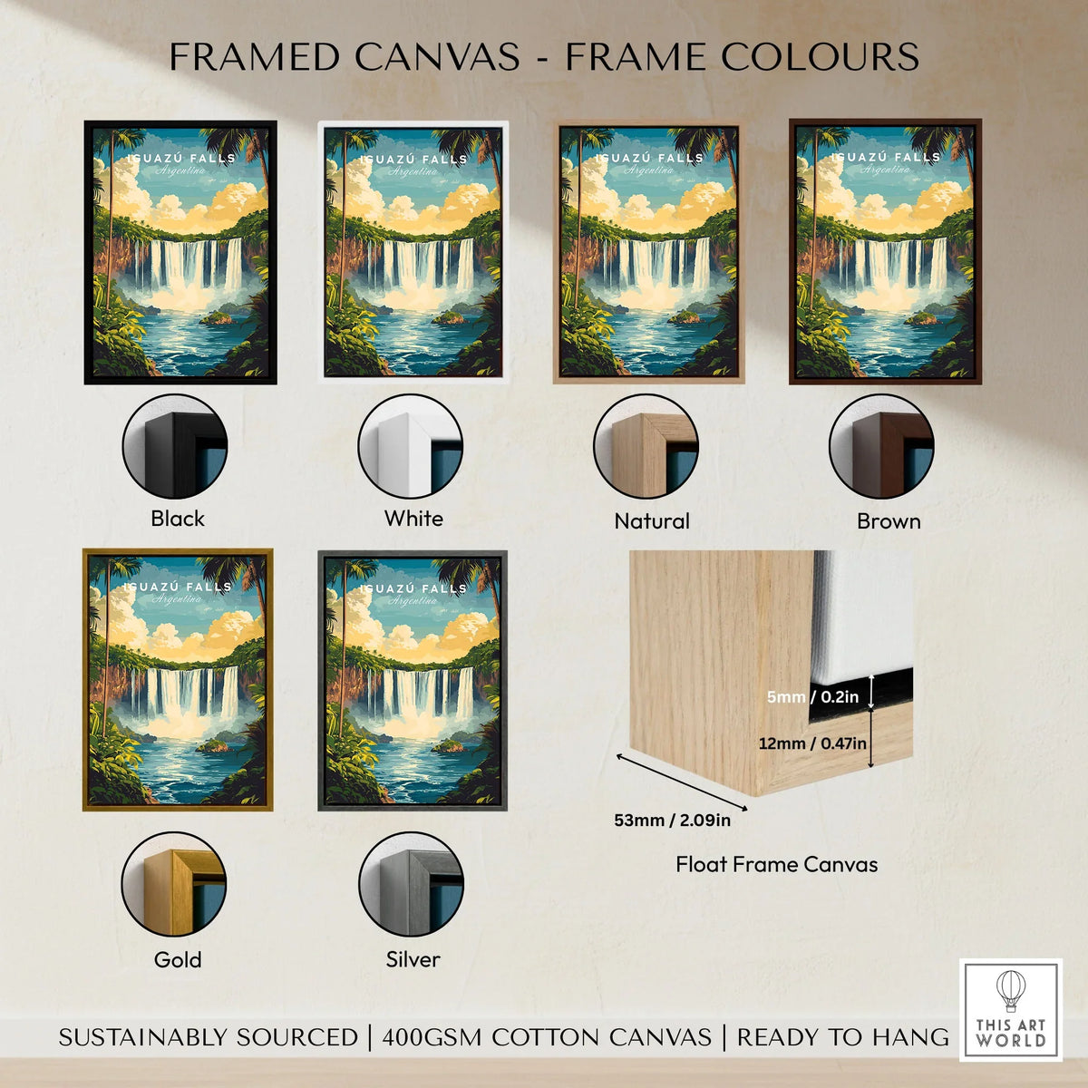 Iguazu Falls Wall Art framed canvas float frame colour options: black, white, natural, brown, gold and silver