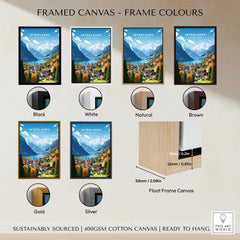Interlaken Poster framed canvas float frame colour options: black, white, natural, brown, gold and silver