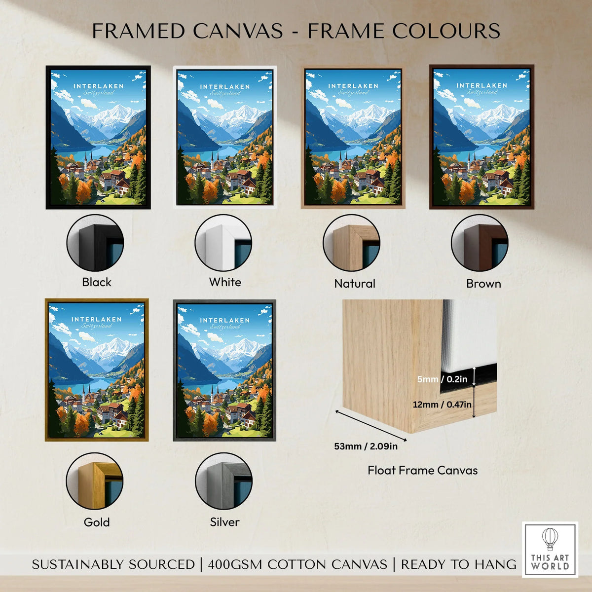Interlaken Poster framed canvas float frame colour options: black, white, natural, brown, gold and silver