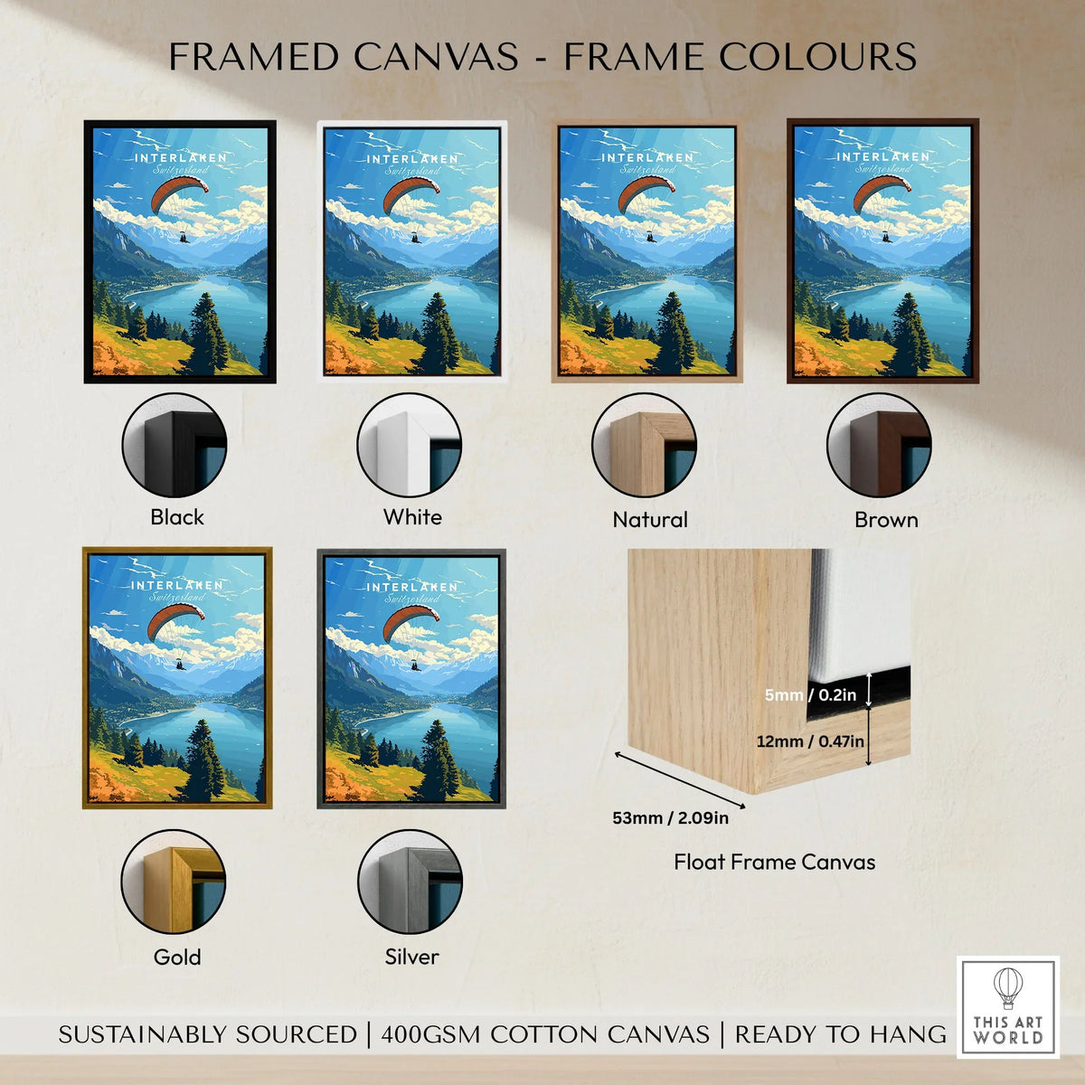 Interlaken Switzerland Poster framed canvas float frame colour options: black, white, natural, brown, gold and silver