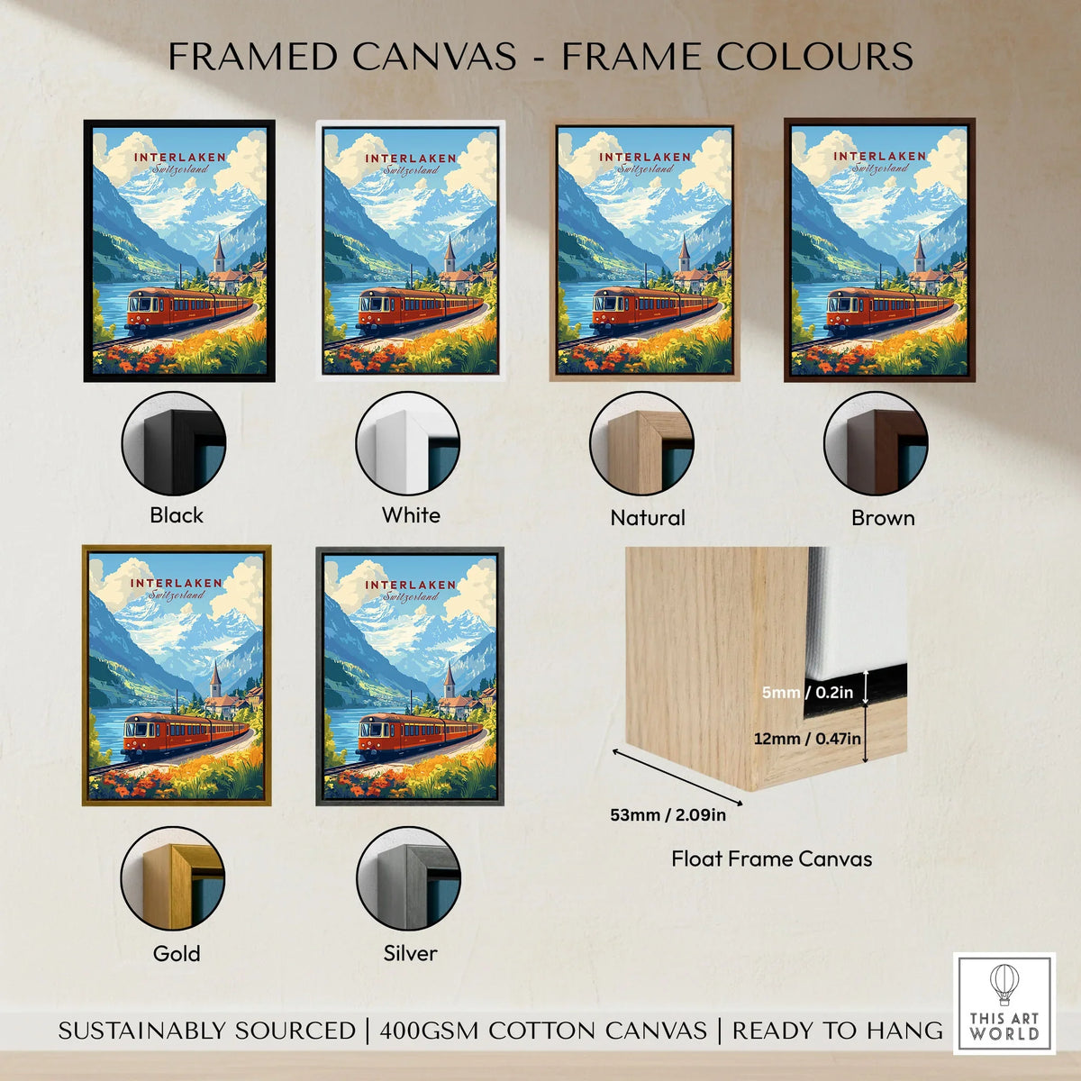 Interlaken Travel Print framed canvas float frame colour options: black, white, natural, brown, gold and silver
