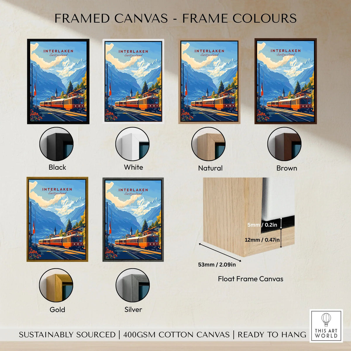 Interlaken Wall Art framed canvas float frame colour options: black, white, natural, brown, gold and silver