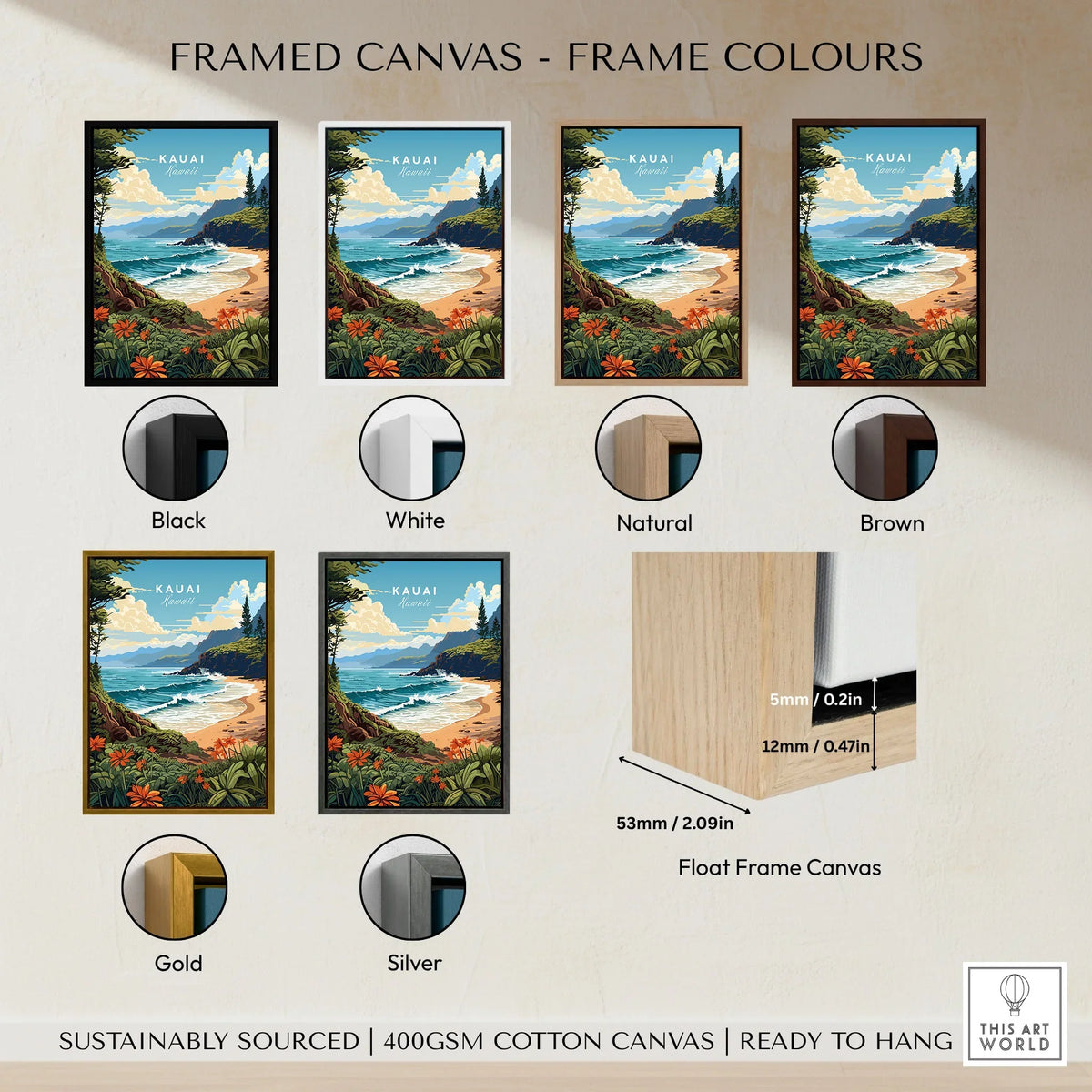 Kauai Print framed canvas float frame colour options: black, white, natural, brown, gold and silver