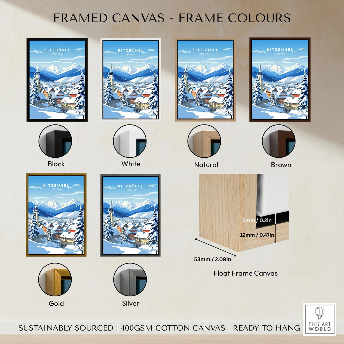 Kitzbuhel Poster framed canvas float frame colour options: black, white, natural, brown, gold and silver