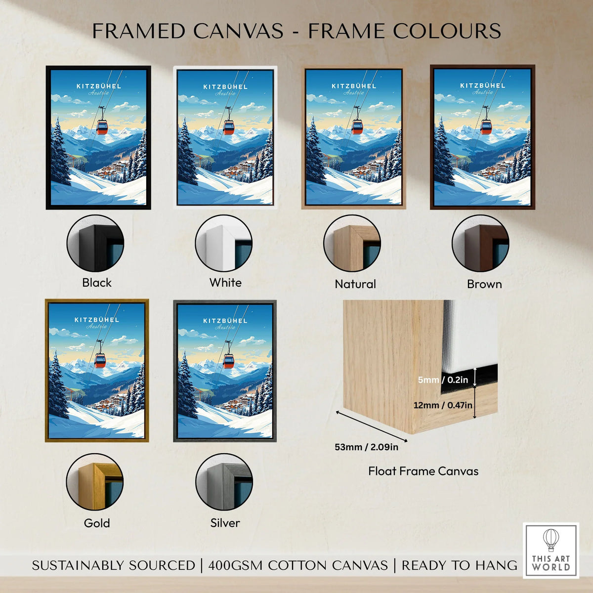 Kitzbuhel Art Print framed canvas float frame colour options: black, white, natural, brown, gold and silver