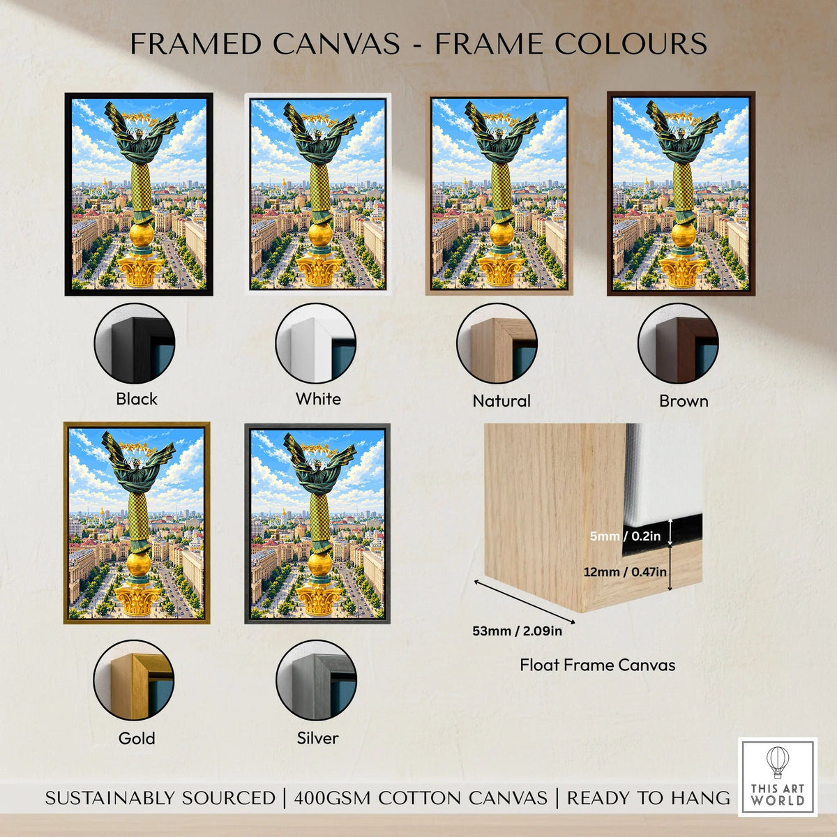 Kyiv Ukraine Independence Monument Travel Poster — the Independence Monument rising above Maidan Nezalezhnosti and the Kyiv skyline, shown as framed canvas float frame colour options