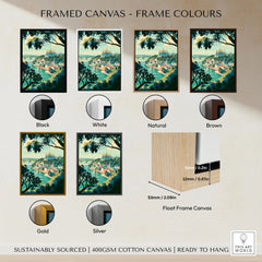 Kyiv Ukraine Golden Domes Travel Poster — golden domes on a wooded bluff above the Dnipro river, shown as framed canvas float frame colour options