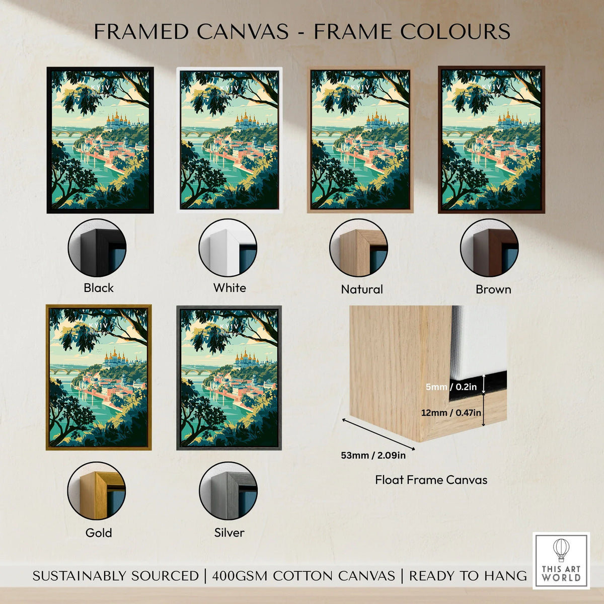 Kyiv Ukraine Golden Domes Travel Poster — golden domes on a wooded bluff above the Dnipro river, shown as framed canvas float frame colour options
