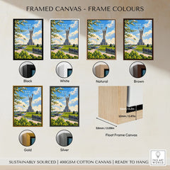 Kyiv Ukraine Motherland Monument Travel Poster — the Motherland Monument under spring blossom with the Ukrainian flag flying, shown as framed canvas float frame colour options