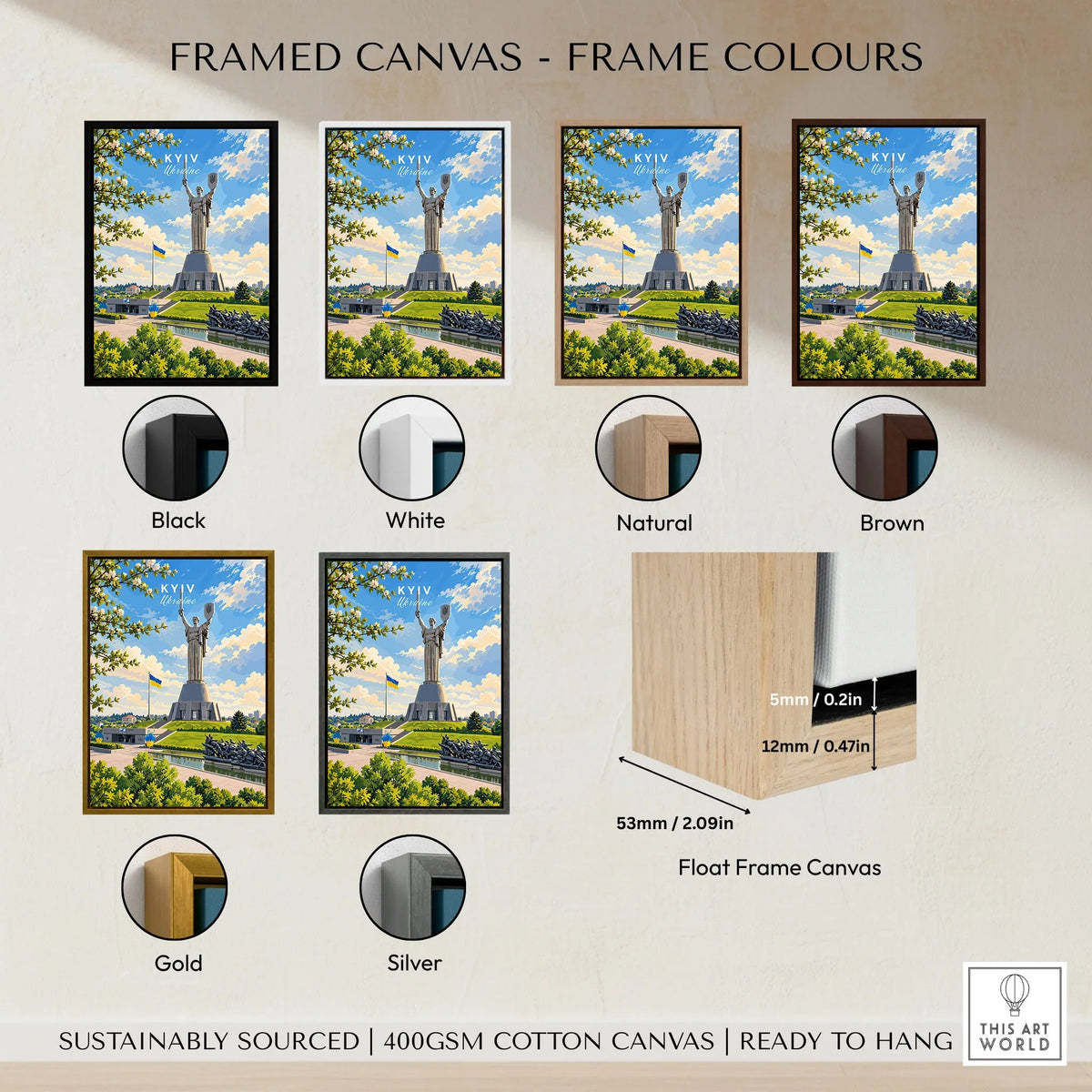 Kyiv Ukraine Motherland Monument Travel Poster — the Motherland Monument under spring blossom with the Ukrainian flag flying, shown as framed canvas float frame colour options