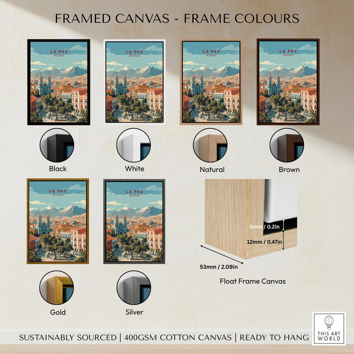 La Paz Travel Print - Bolivia Wall Art framed canvas float frame colour options: black, white, natural, brown, gold and silver