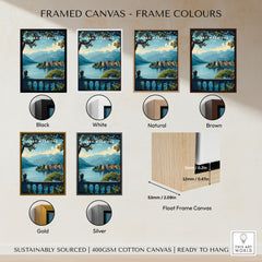 Lake Maggiore Travel Poster framed canvas float frame colour options: black, white, natural, brown, gold and silver