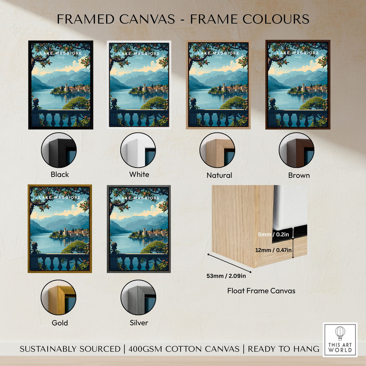 Lake Maggiore Travel Poster framed canvas float frame colour options: black, white, natural, brown, gold and silver