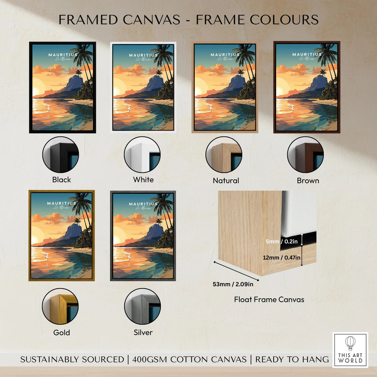Le Morne Mauritius Poster framed canvas float frame colour options: black, white, natural, brown, gold and silver