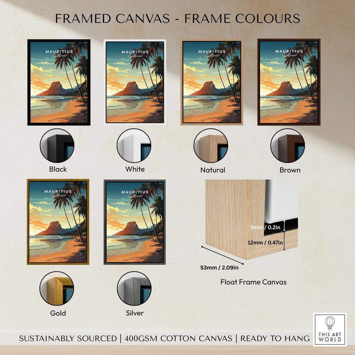 Mauritius Le Morne Poster framed canvas float frame colour options: black, white, natural, brown, gold and silver