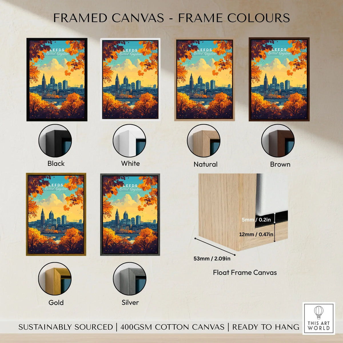 Leeds Wall Art Print - United Kingdom Travel Poster framed canvas float frame colour options: black, white, natural, brown, gold and silver