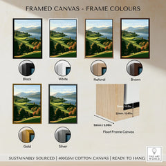 Loch Lomond Scotland Autumn Lochside Travel Poster — autumn slopes rolling down to Loch Lomond with Highland hills beyond, shown as framed canvas float frame colour options