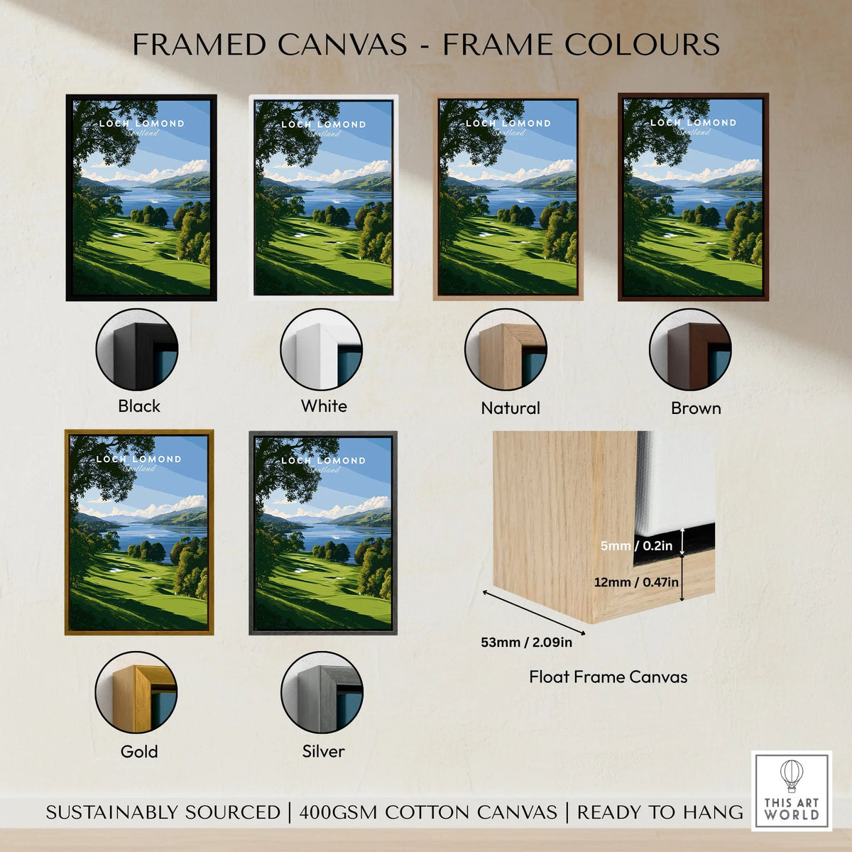 Loch Lomond Scotland Summer Shore Travel Poster — a sunlit grassy shoreline running down to Loch Lomond under old oaks, shown as framed canvas float frame colour options