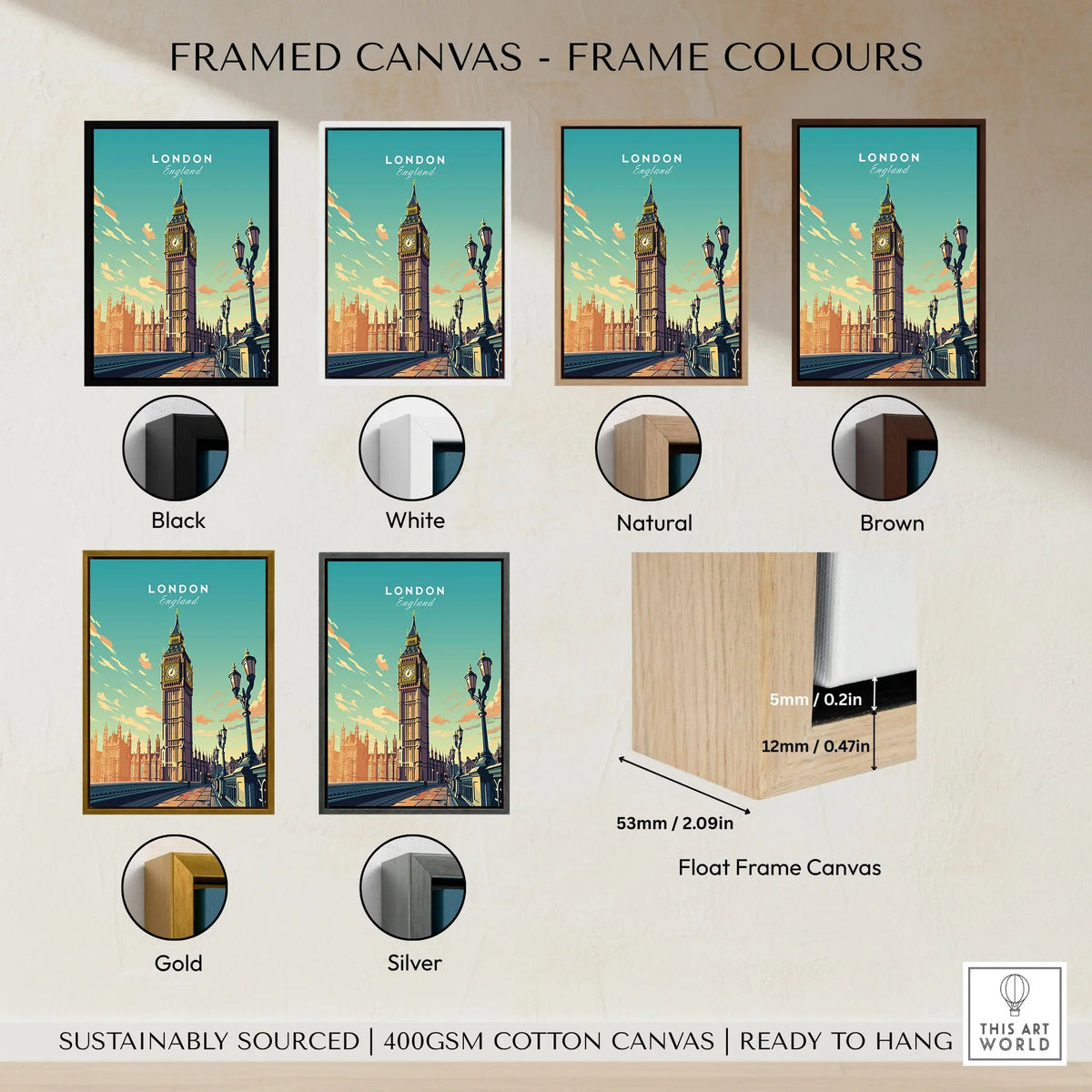 London Poster Big Ben framed canvas float frame colour options: black, white, natural, brown, gold and silver