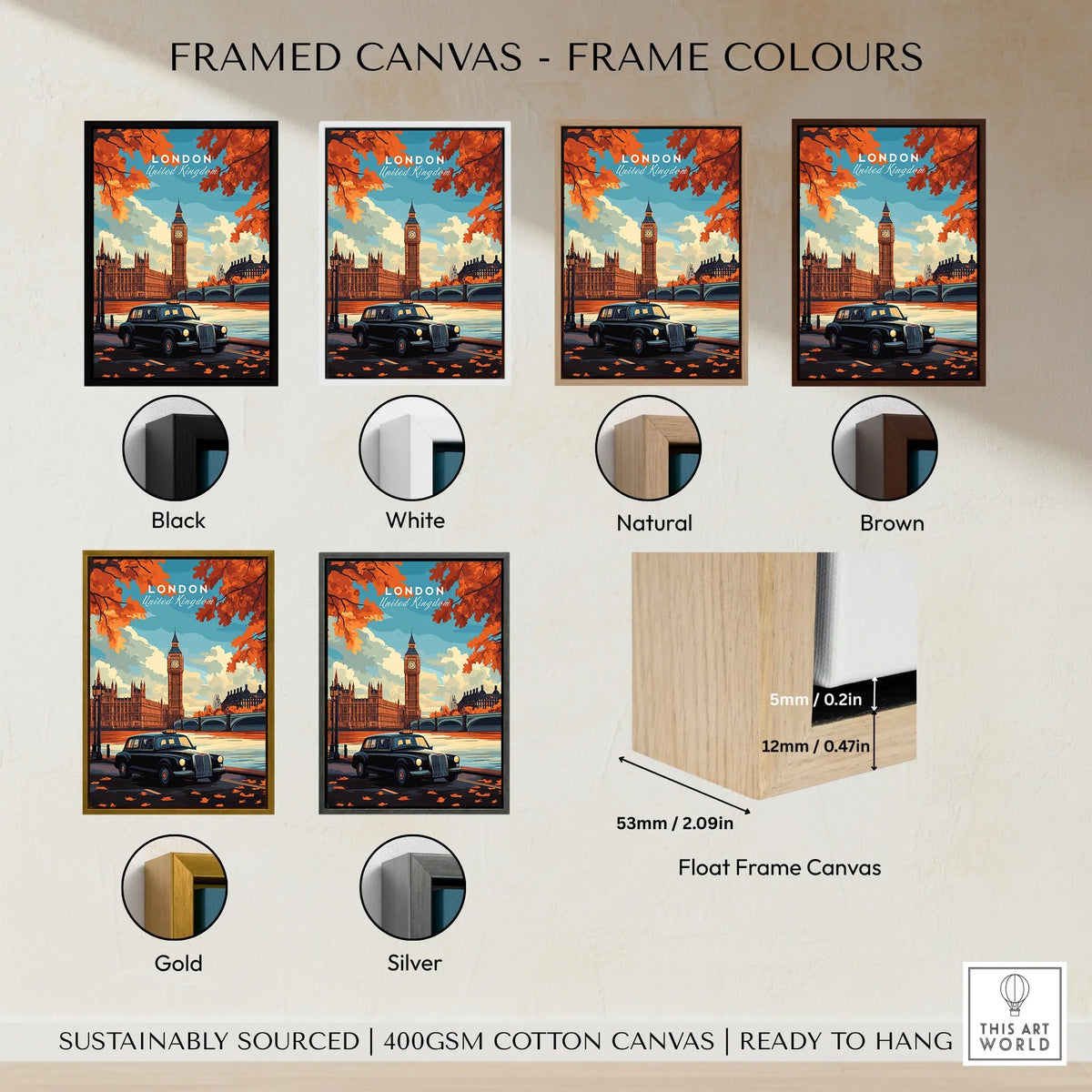 London Wall Art framed canvas float frame colour options: black, white, natural, brown, gold and silver