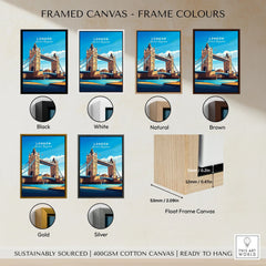 London Print England framed canvas float frame colour options: black, white, natural, brown, gold and silver