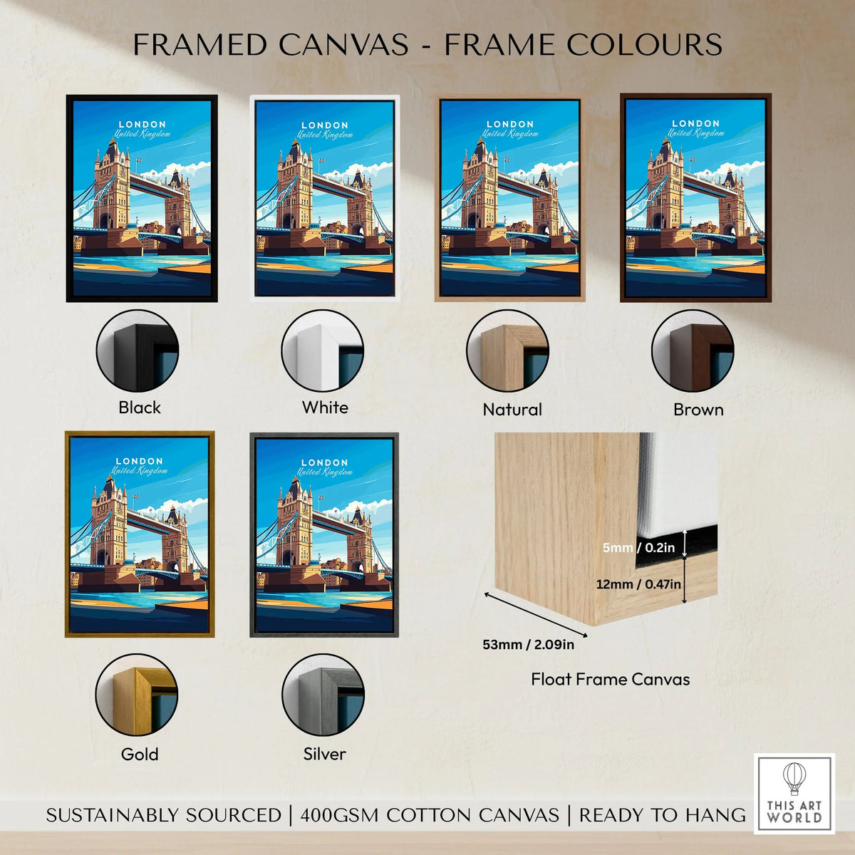 London Print England framed canvas float frame colour options: black, white, natural, brown, gold and silver