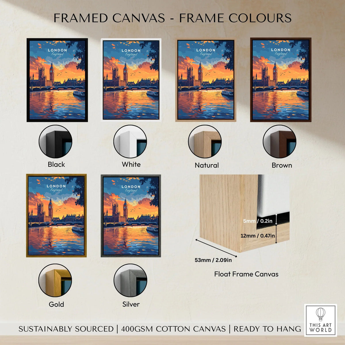 London Skyline Art | Big Ben & Houses of Parliament Print framed canvas float frame colour options: black, white, natural, brown, gold and silver