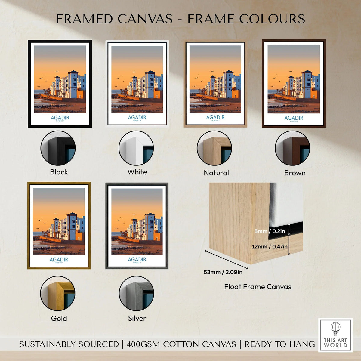 Agadir Morocco Wall Art framed canvas float frame colour options: black, white, natural, brown, gold and silver