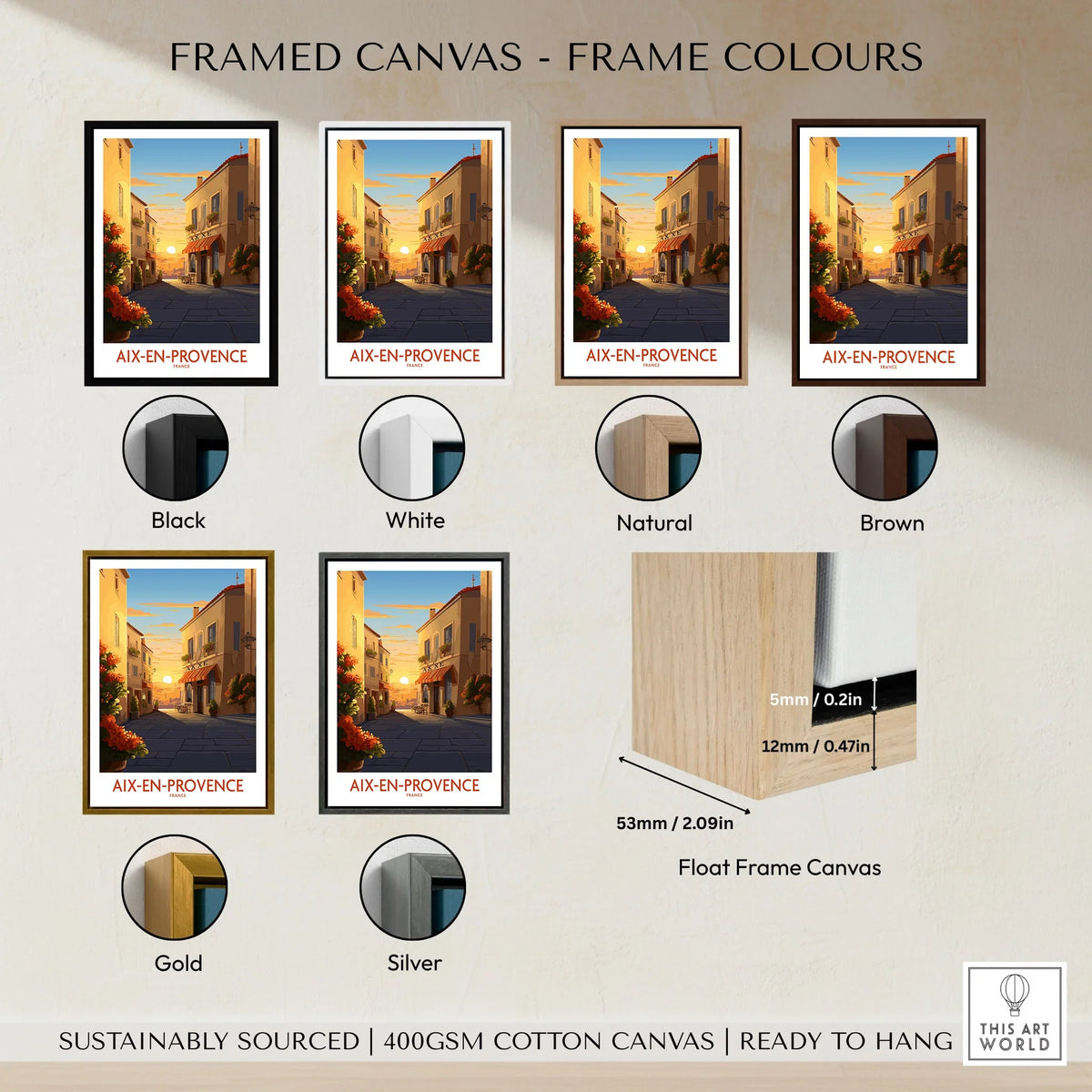 Aix-en-Provence Wall Art framed canvas float frame colour options: black, white, natural, brown, gold and silver