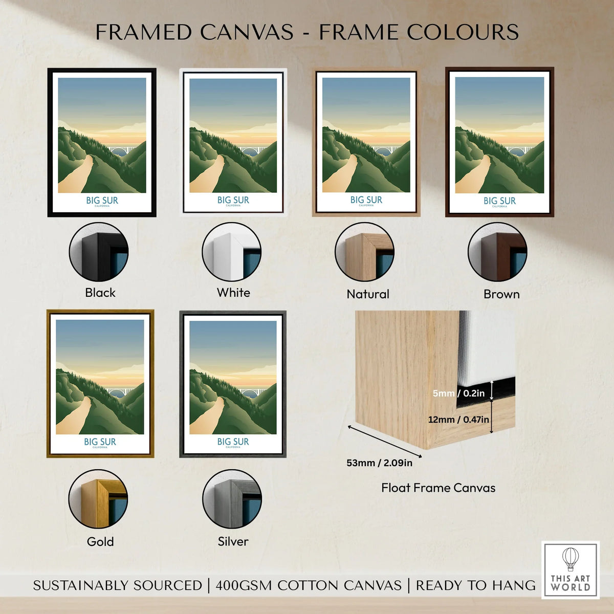 Big Sur California Art Print framed canvas float frame colour options: black, white, natural, brown, gold and silver