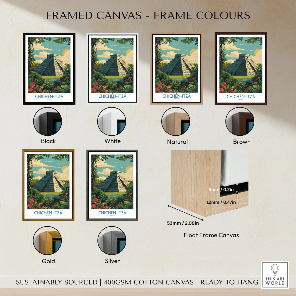 Mexico Chichén Itzá Mayan Pyramid Poster Jungle Ruins Travel Print El Castillo Art framed canvas float frame colour options: black, white, natural, brown, gold and silver