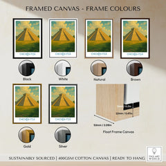 Mexico Mayan Pyramid Chichén Itzá Travel Poster El Castillo Landscape Print Wall Art framed canvas float frame colour options: black, white, natural, brown, gold and silver