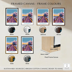 Cocoa Beach Florida Wooden Pier Poster - Golden Hour Sunset Decor framed canvas float frame colour options: black, white, natural, brown, gold and silver