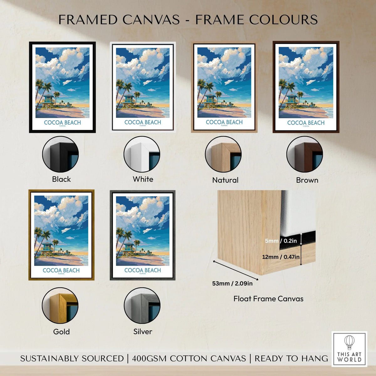 Cocoa Beach Florida Oceanfront Landscape Print - Florida Coast Decor framed canvas float frame colour options: black, white, natural, brown, gold and silver