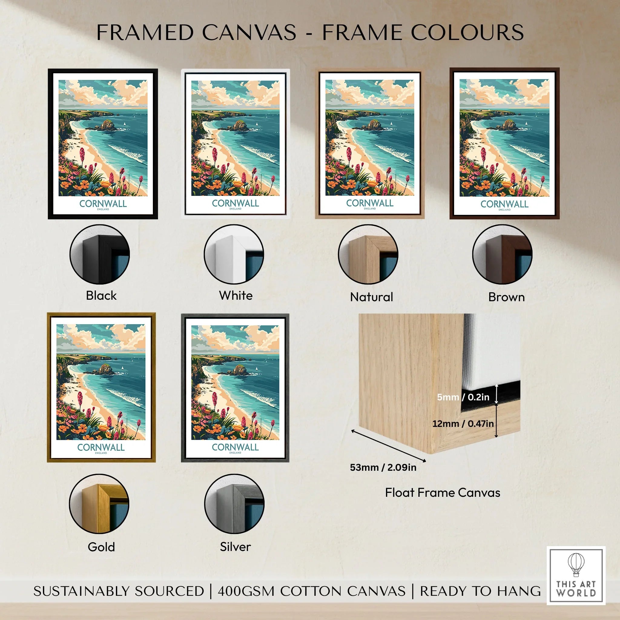 Cornwall Travel Poster - United Kingdom framed canvas float frame colour options: black, white, natural, brown, gold and silver