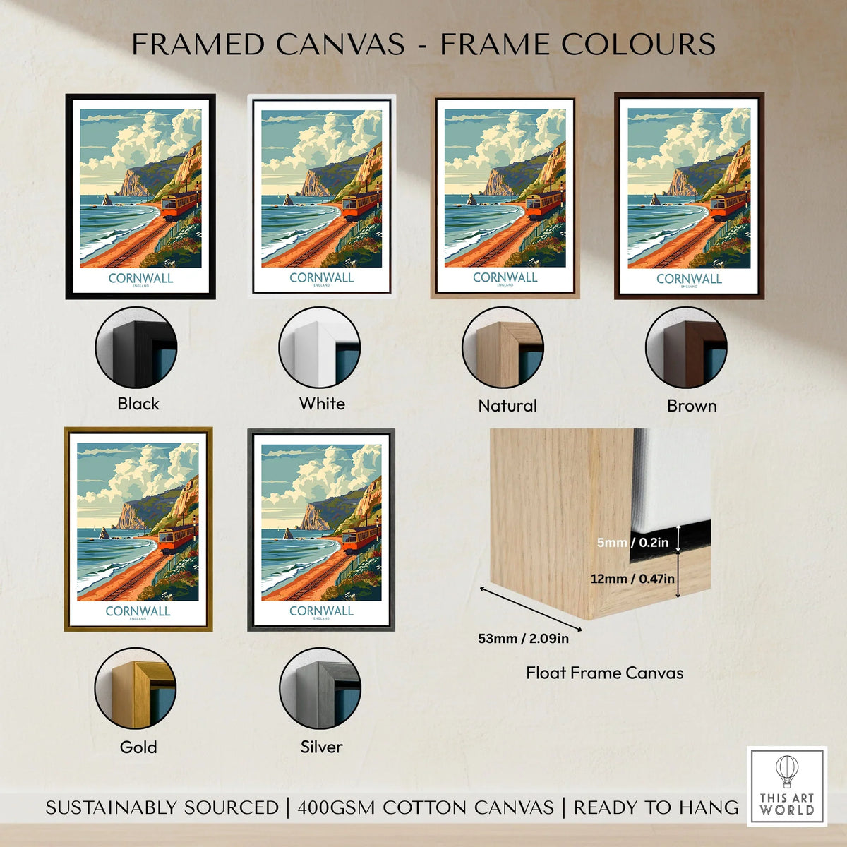 Cornwall Coast Wall Art Print framed canvas float frame colour options: black, white, natural, brown, gold and silver